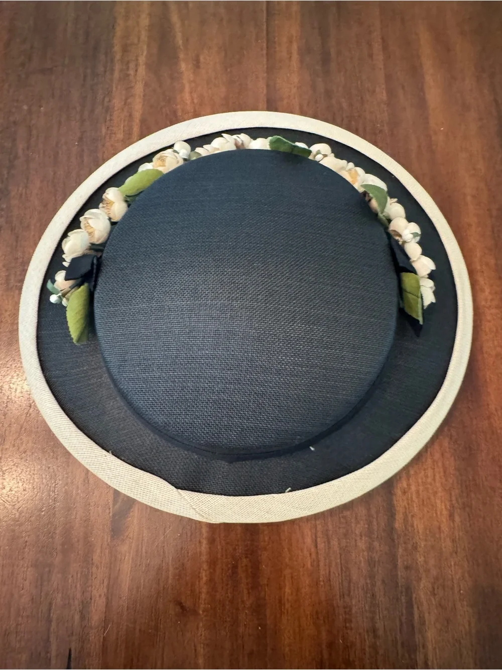 Vintage 1950s Black Straw Wide Brim Boater Hat Cream Trim Floral